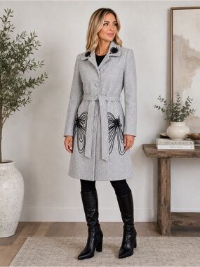 Edward An Wool Embroidered Butterfly Pea Coat Gray Size 4